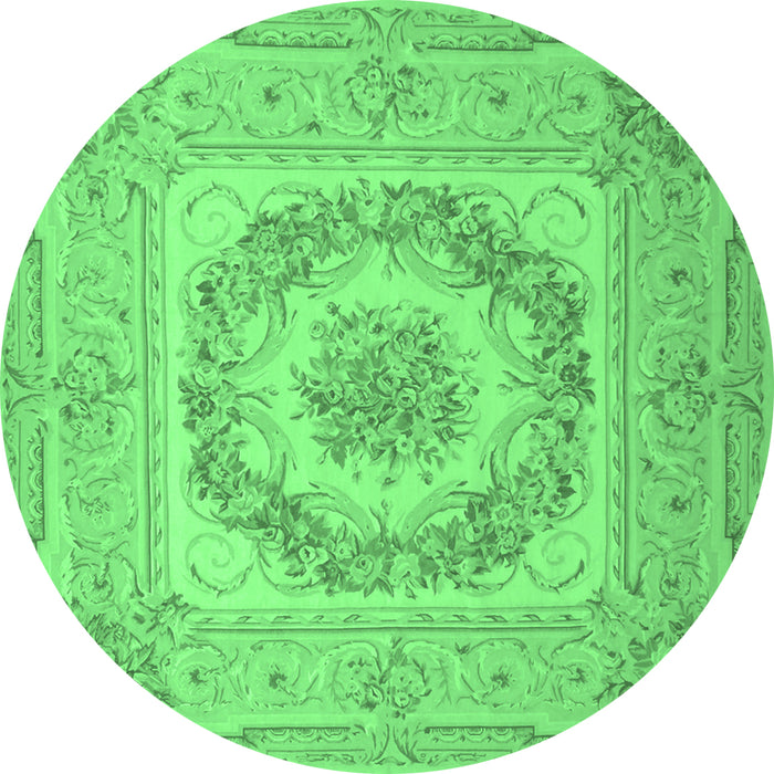 Round Machine Washable Medallion Emerald Green French Area Rugs, wshtr2303emgrn