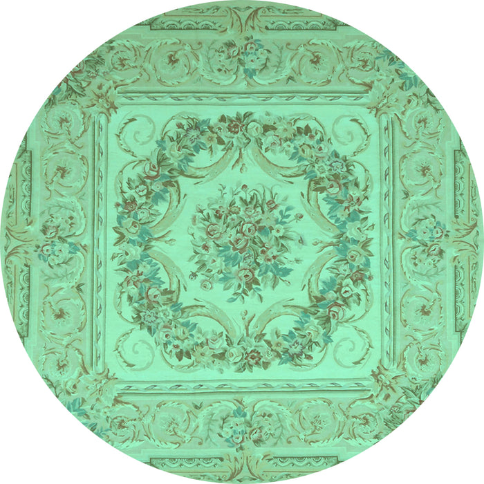 Round Machine Washable Medallion Turquoise French Area Rugs, wshtr2303turq