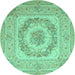 Round Machine Washable Medallion Turquoise French Area Rugs, wshtr2303turq