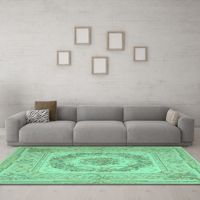 Machine Washable Medallion Turquoise French Area Rugs in a Living Room,, wshtr2303turq
