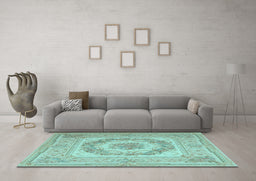 Machine Washable Medallion Light Blue French Rug in a Living Room, wshtr2303lblu