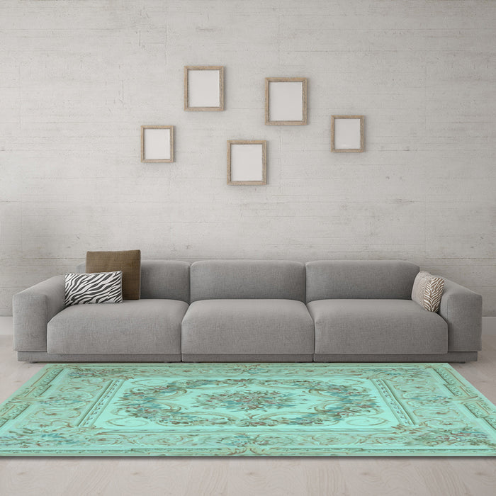Machine Washable Medallion Light Blue French Rug in a Living Room, wshtr2303lblu