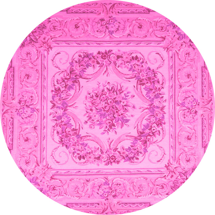 Round Machine Washable Medallion Pink French Rug, wshtr2303pnk
