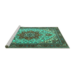 Sideview of Machine Washable Persian Turquoise Traditional Area Rugs, wshtr2304turq