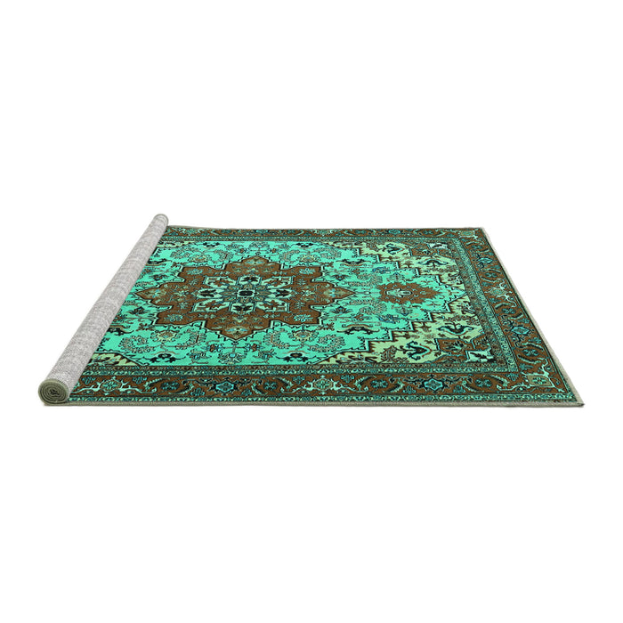 Sideview of Machine Washable Persian Turquoise Traditional Area Rugs, wshtr2304turq