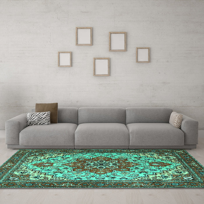 Machine Washable Persian Turquoise Traditional Area Rugs in a Living Room,, wshtr2304turq
