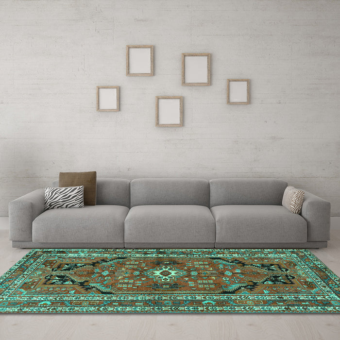 Machine Washable Persian Turquoise Traditional Area Rugs in a Living Room,, wshtr2306turq