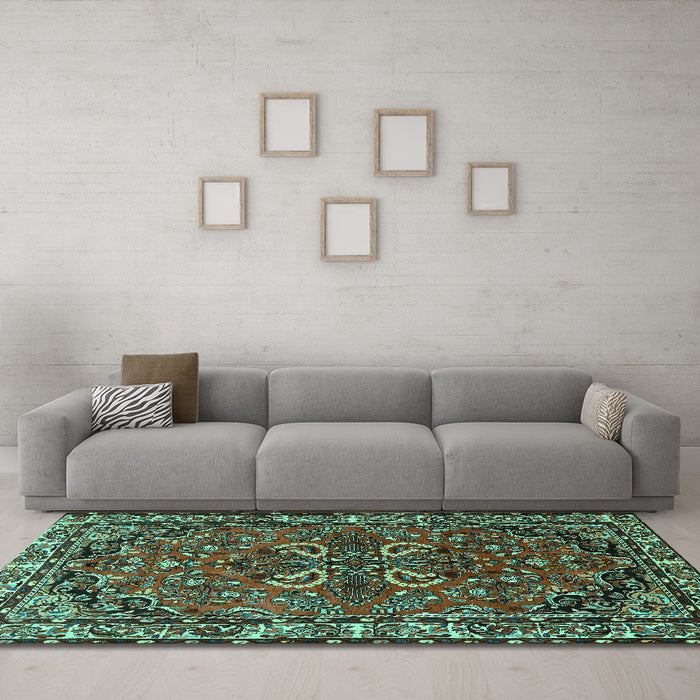 Machine Washable Persian Turquoise Traditional Area Rugs in a Living Room,, wshtr2307turq
