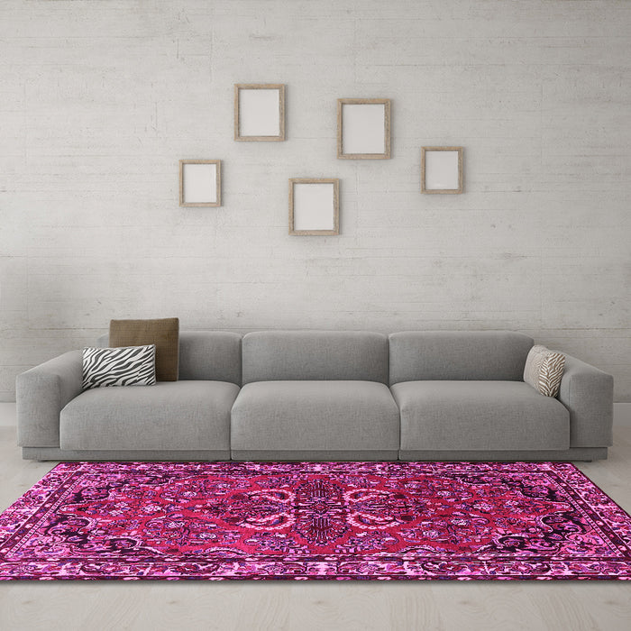 Machine Washable Persian Pink Traditional Rug in a Living Room, wshtr2307pnk