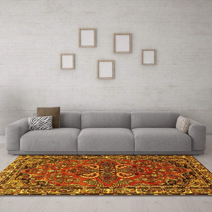 Machine Washable Persian Yellow Traditional Rug in a Living Room, wshtr2307yw