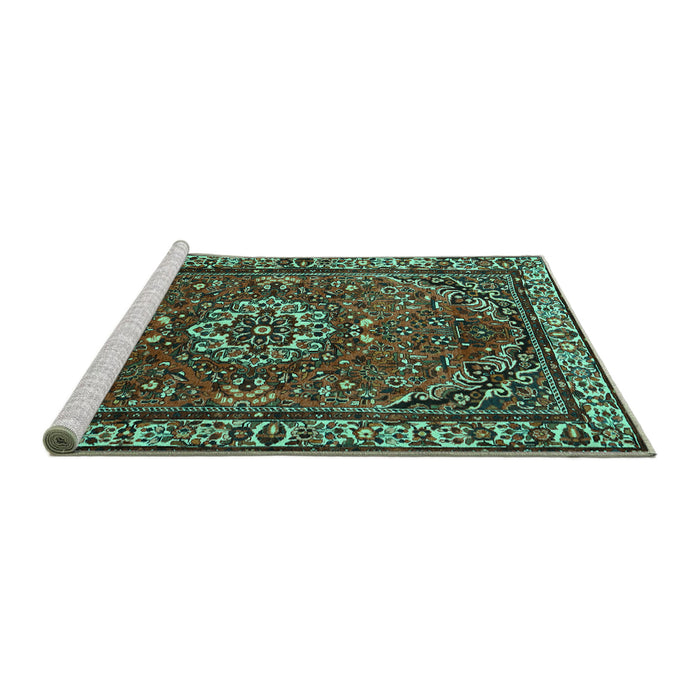 Sideview of Machine Washable Persian Turquoise Traditional Area Rugs, wshtr2308turq