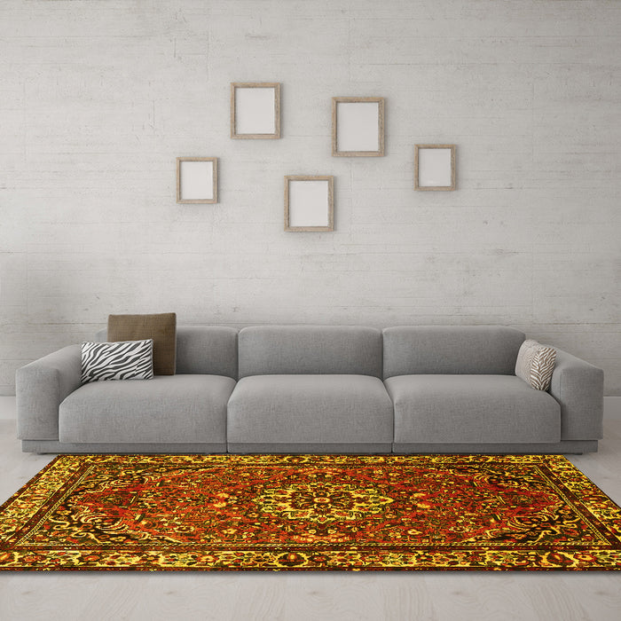 Machine Washable Persian Yellow Traditional Rug in a Living Room, wshtr2308yw