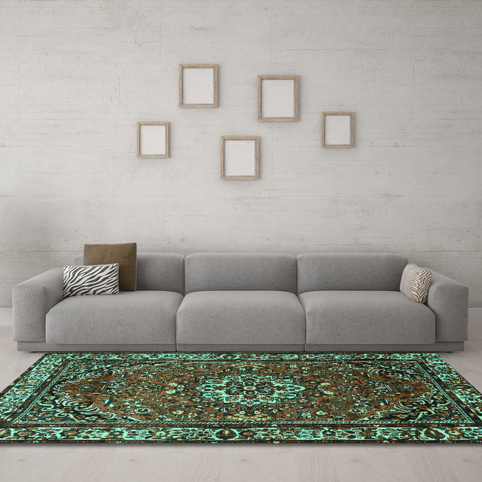 Machine Washable Persian Turquoise Traditional Area Rugs in a Living Room,, wshtr2308turq