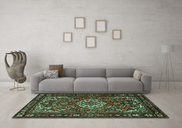Machine Washable Persian Turquoise Traditional Area Rugs in a Living Room,, wshtr2309turq