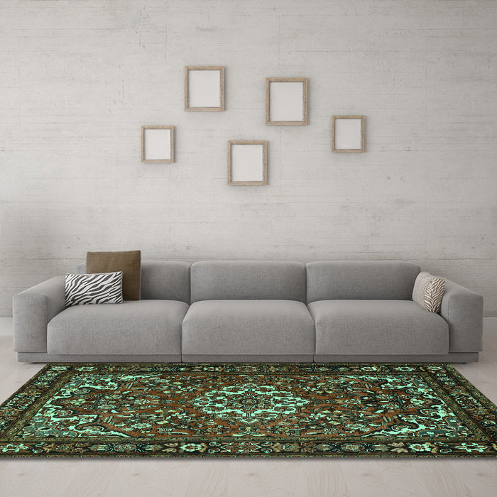 Machine Washable Persian Turquoise Traditional Area Rugs in a Living Room,, wshtr2309turq