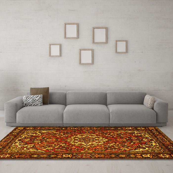 Machine Washable Persian Yellow Traditional Rug in a Living Room, wshtr2309yw