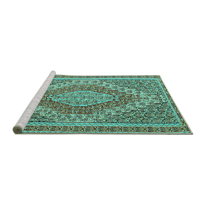 Sideview of Machine Washable Persian Turquoise Traditional Area Rugs, wshtr230turq