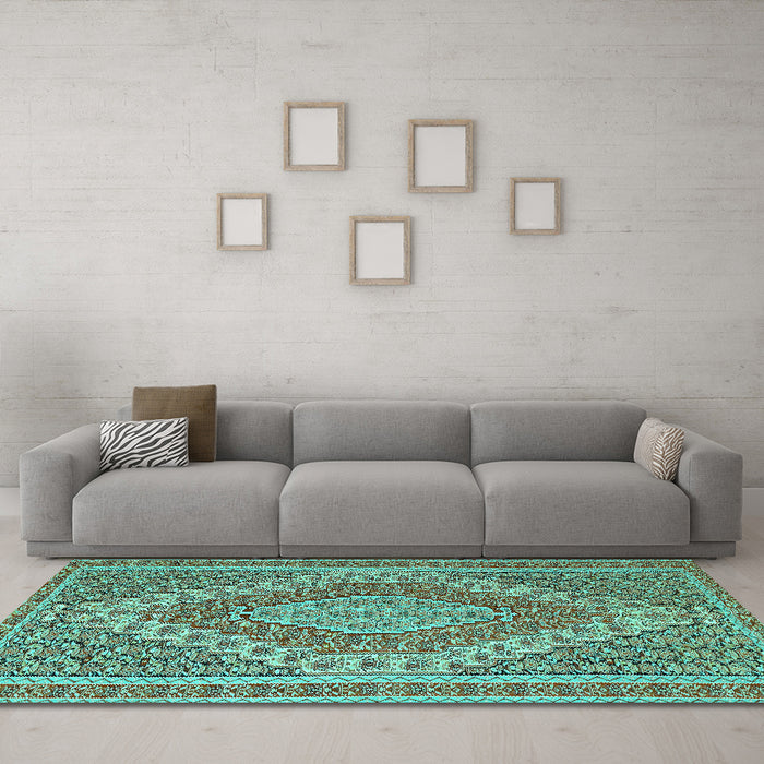 Machine Washable Persian Turquoise Traditional Area Rugs in a Living Room,, wshtr230turq