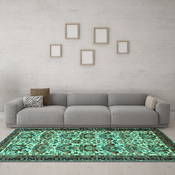 Machine Washable Persian Turquoise Traditional Area Rugs in a Living Room,, wshtr2311turq