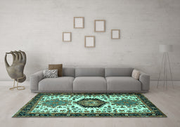 Machine Washable Persian Turquoise Traditional Area Rugs in a Living Room,, wshtr2312turq