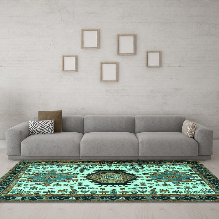 Machine Washable Persian Turquoise Traditional Area Rugs in a Living Room,, wshtr2312turq