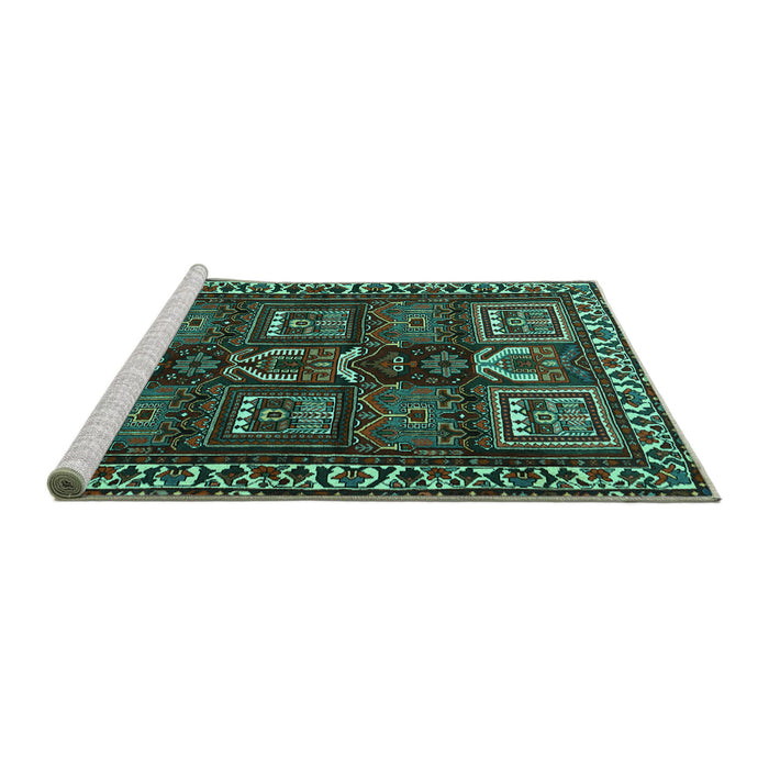 Sideview of Machine Washable Persian Turquoise Traditional Area Rugs, wshtr2315turq