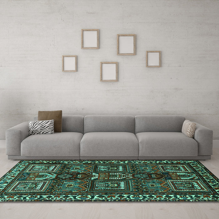 Machine Washable Persian Turquoise Traditional Area Rugs in a Living Room,, wshtr2315turq