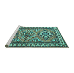 Sideview of Machine Washable Persian Turquoise Traditional Area Rugs, wshtr2318turq