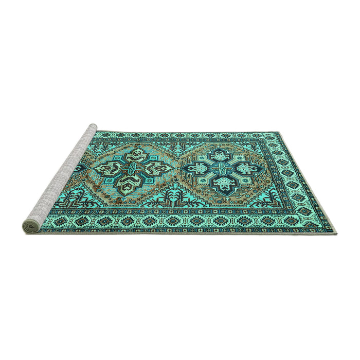 Sideview of Machine Washable Persian Turquoise Traditional Area Rugs, wshtr2318turq