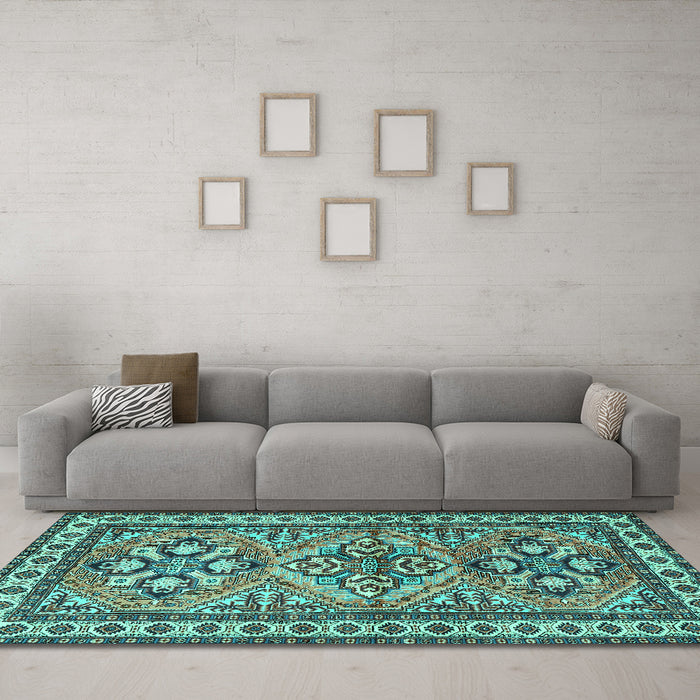 Machine Washable Persian Turquoise Traditional Area Rugs in a Living Room,, wshtr2318turq