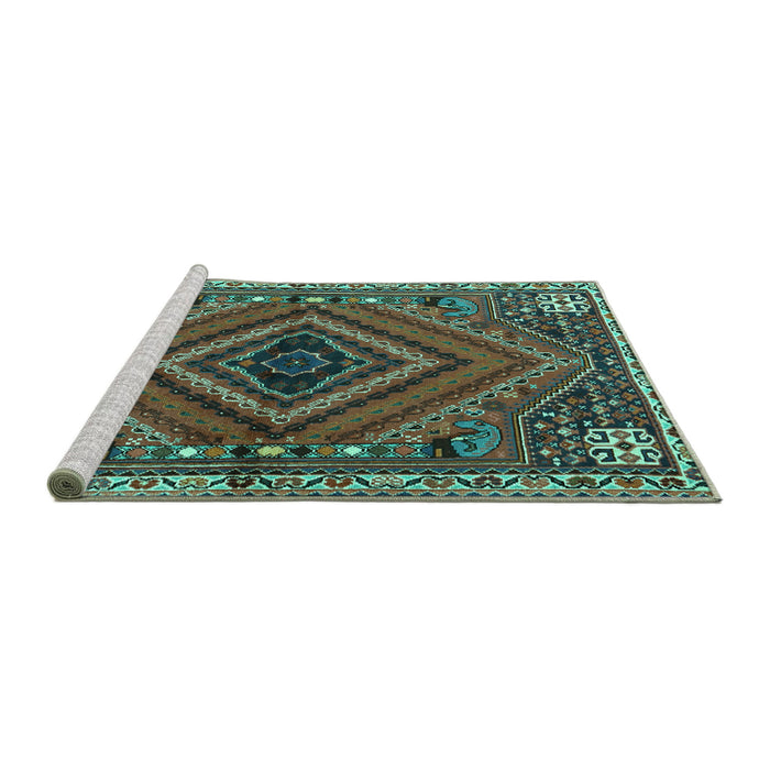 Sideview of Machine Washable Persian Turquoise Traditional Area Rugs, wshtr2319turq