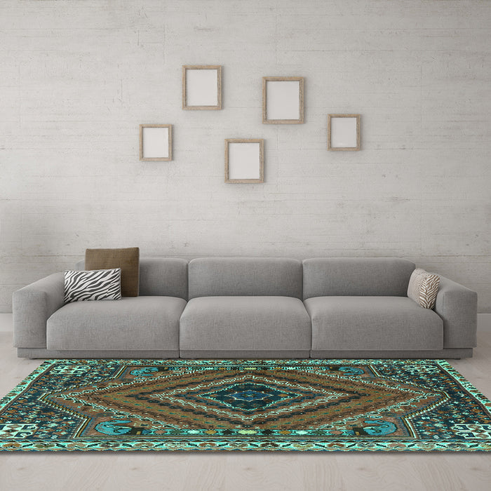 Machine Washable Persian Turquoise Traditional Area Rugs in a Living Room,, wshtr2319turq
