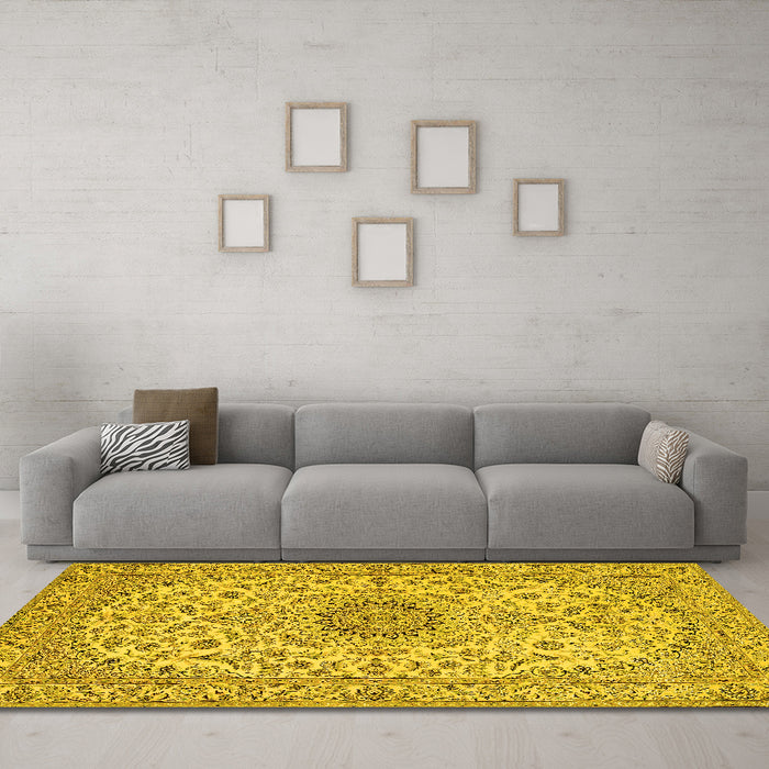 Machine Washable Medallion Yellow Traditional Rug in a Living Room, wshtr231yw