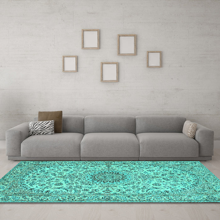 Machine Washable Medallion Turquoise Traditional Area Rugs in a Living Room,, wshtr231turq
