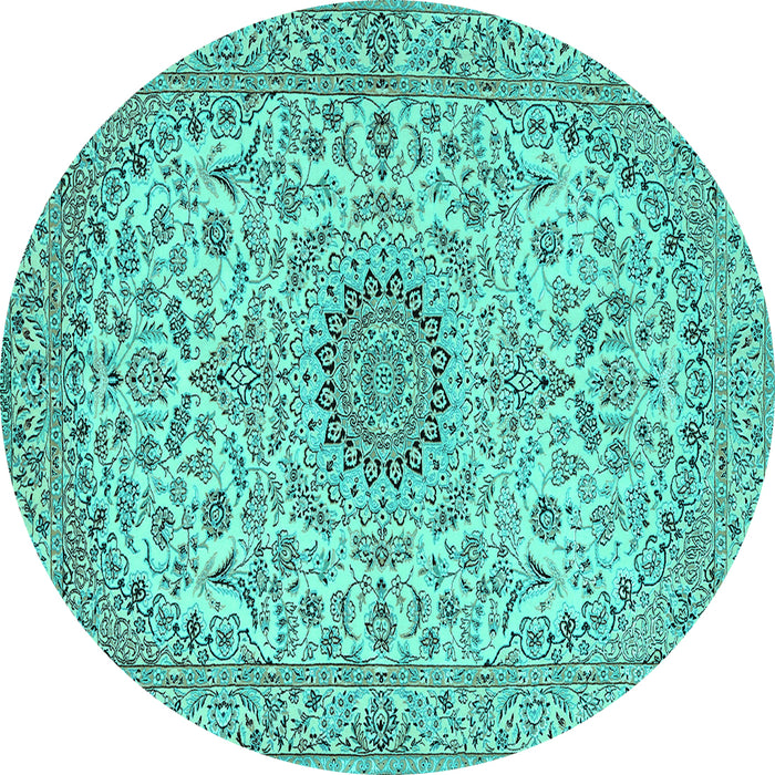 Round Machine Washable Medallion Turquoise Traditional Area Rugs, wshtr231turq