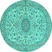 Round Machine Washable Medallion Turquoise Traditional Area Rugs, wshtr231turq