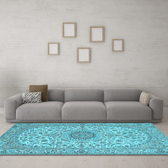 Machine Washable Medallion Light Blue Traditional Rug in a Living Room, wshtr231lblu
