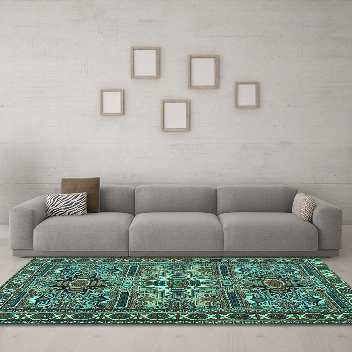 Machine Washable Persian Turquoise Traditional Area Rugs in a Living Room,, wshtr2321turq