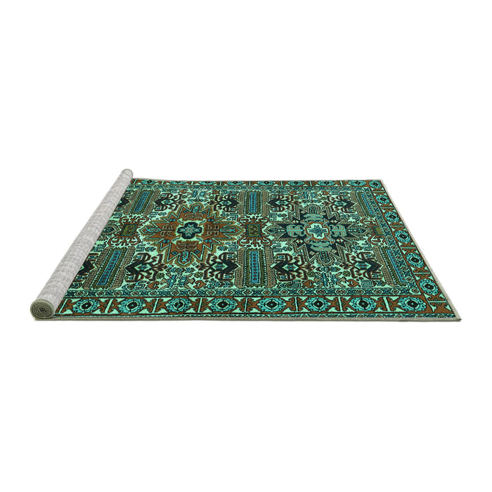 Sideview of Machine Washable Persian Turquoise Traditional Area Rugs, wshtr2322turq