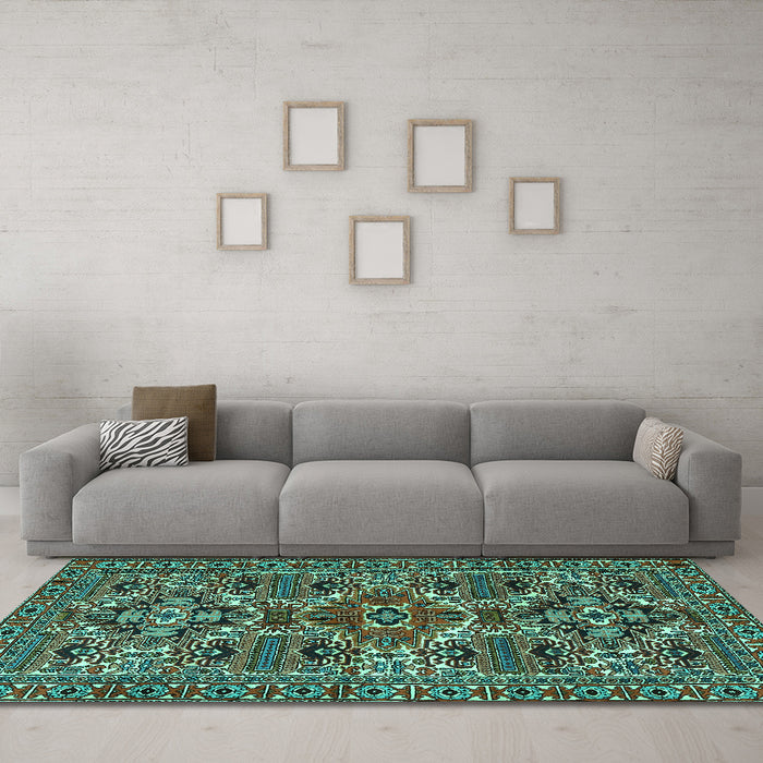 Machine Washable Persian Turquoise Traditional Area Rugs in a Living Room,, wshtr2322turq