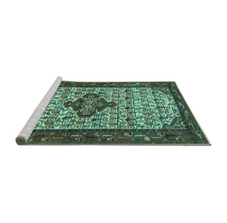 Sideview of Machine Washable Persian Turquoise Traditional Area Rugs, wshtr2323turq