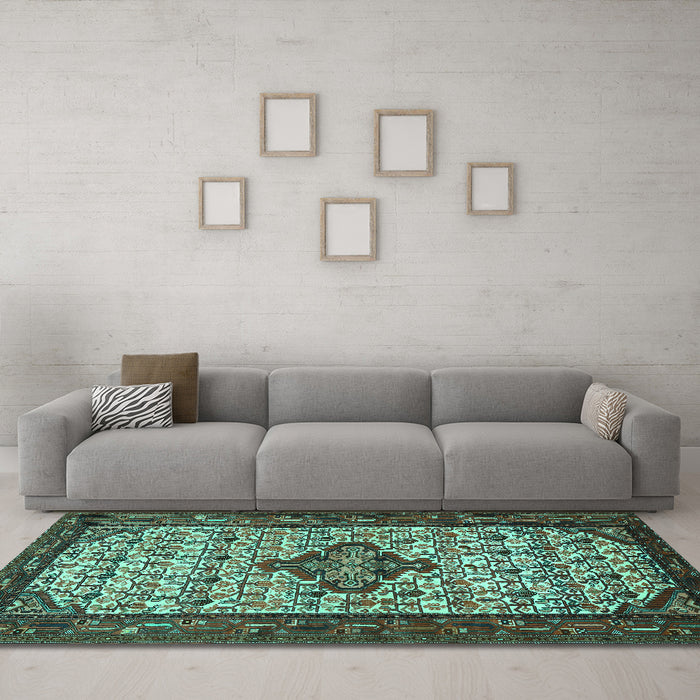 Machine Washable Persian Turquoise Traditional Area Rugs in a Living Room,, wshtr2323turq