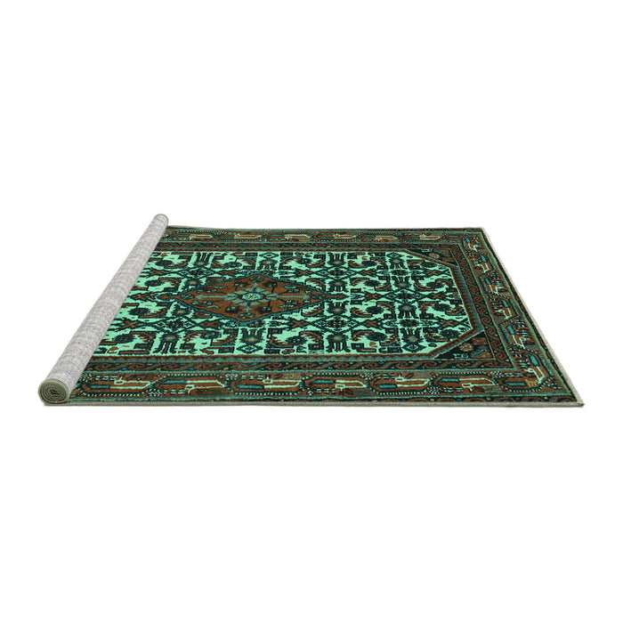 Sideview of Machine Washable Persian Turquoise Traditional Area Rugs, wshtr2324turq