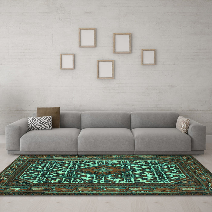 Machine Washable Persian Turquoise Traditional Area Rugs in a Living Room,, wshtr2324turq