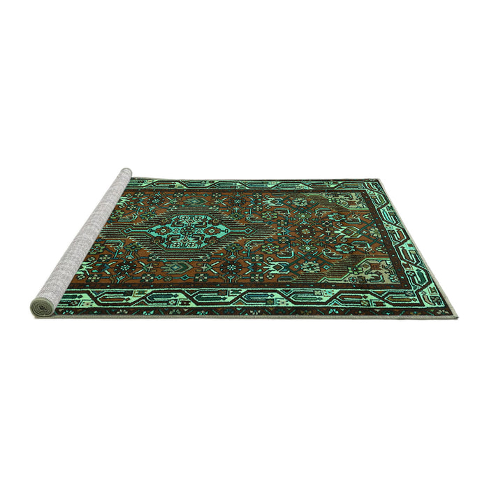 Sideview of Machine Washable Persian Turquoise Traditional Area Rugs, wshtr2325turq