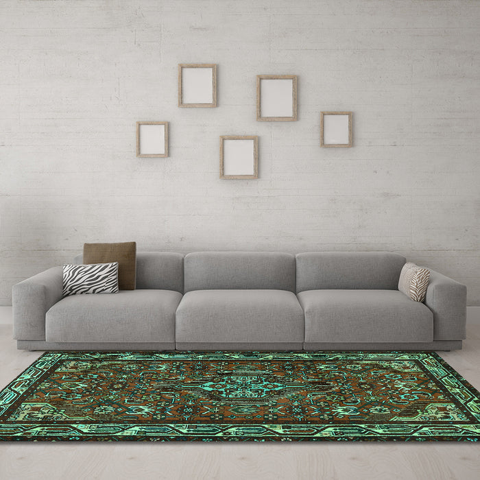 Machine Washable Persian Turquoise Traditional Area Rugs in a Living Room,, wshtr2325turq