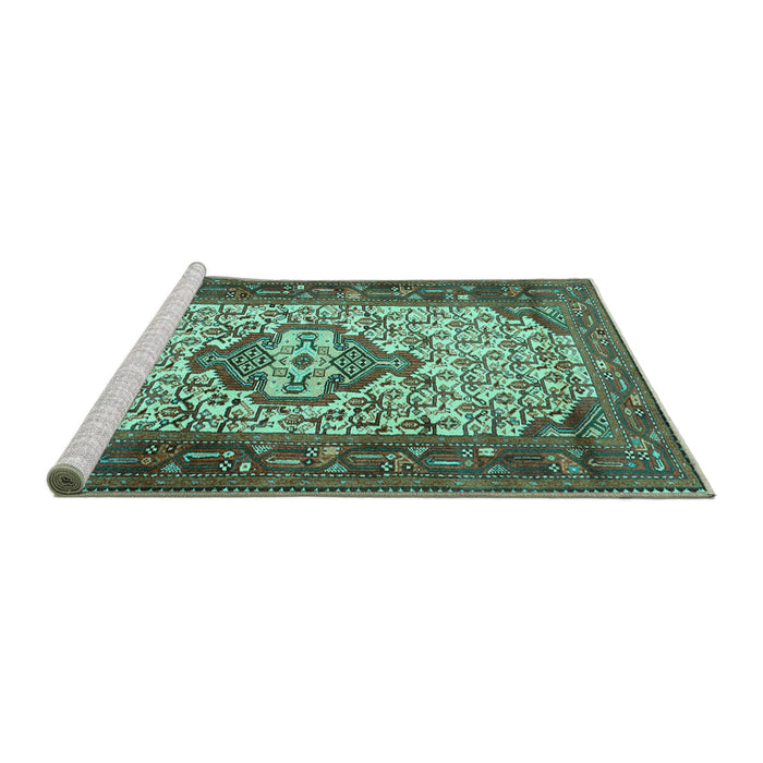 Sideview of Machine Washable Persian Turquoise Traditional Area Rugs, wshtr2326turq