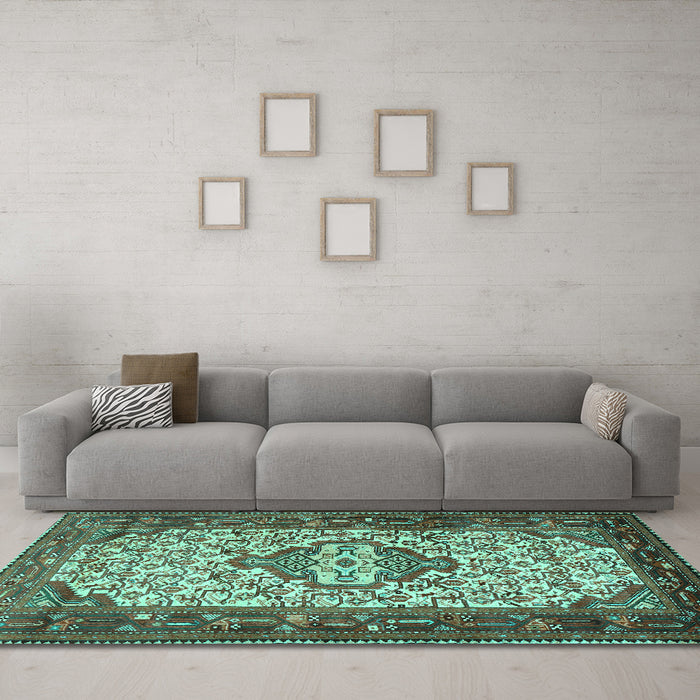 Machine Washable Persian Turquoise Traditional Area Rugs in a Living Room,, wshtr2326turq