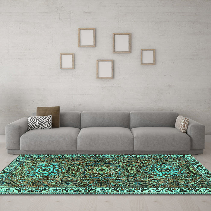 Machine Washable Persian Turquoise Traditional Area Rugs in a Living Room,, wshtr2327turq