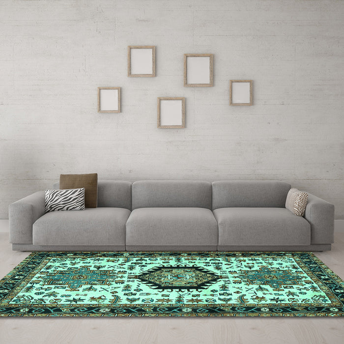 Machine Washable Persian Turquoise Traditional Area Rugs in a Living Room,, wshtr2329turq
